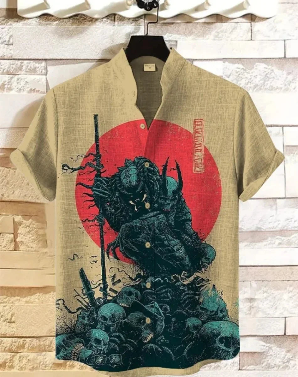 Men's Samurai Hawaiian Shirt Casual Short Sleeve Top Loose Clothing Fashion Retro Summer Shirt