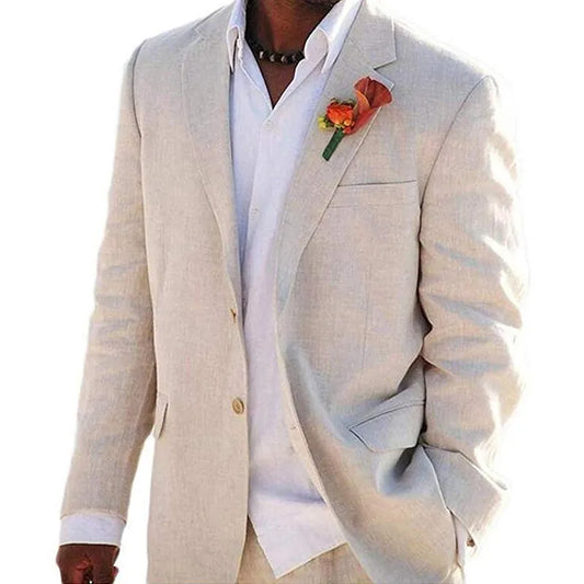 Summer Beach Linen Beige Men Suit 2 Piece Wedding Italian Blazer Groom Tuxedos Formal Prom Classic Suits for Men Male Fashion