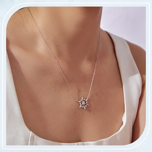 925 Sterling Silver Snowflake Pendant Necklace Sparkling Hexagram CZ Link O-Chain Original for Women Xmas Winter Gift