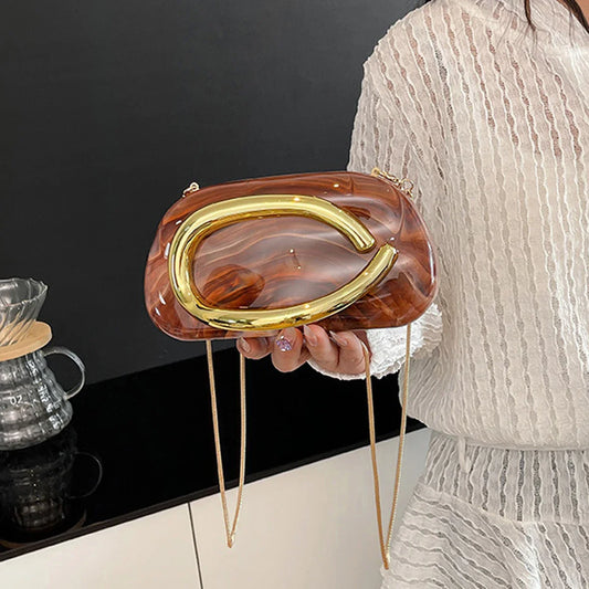Women Acrylic Metal Handle Handbag Solid Color Metal Decoration Evening Bag Hand-held Shoulder Clutch Bag for Wedding Party