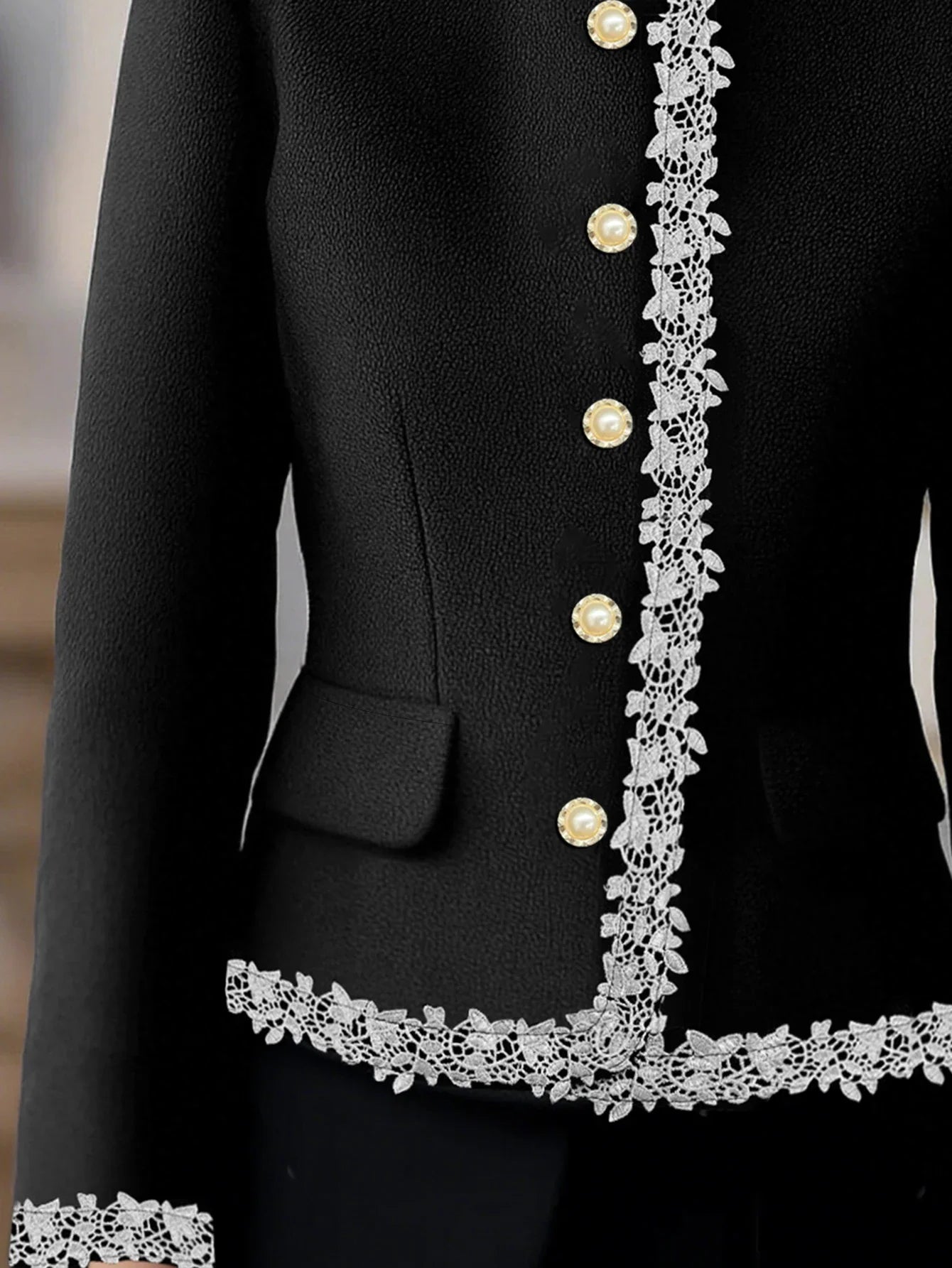 New Autumn/Winter Collection: Stylish and Elegant Women's Blazer Featuring Pearl Buttons and Contrasting Lace Trim