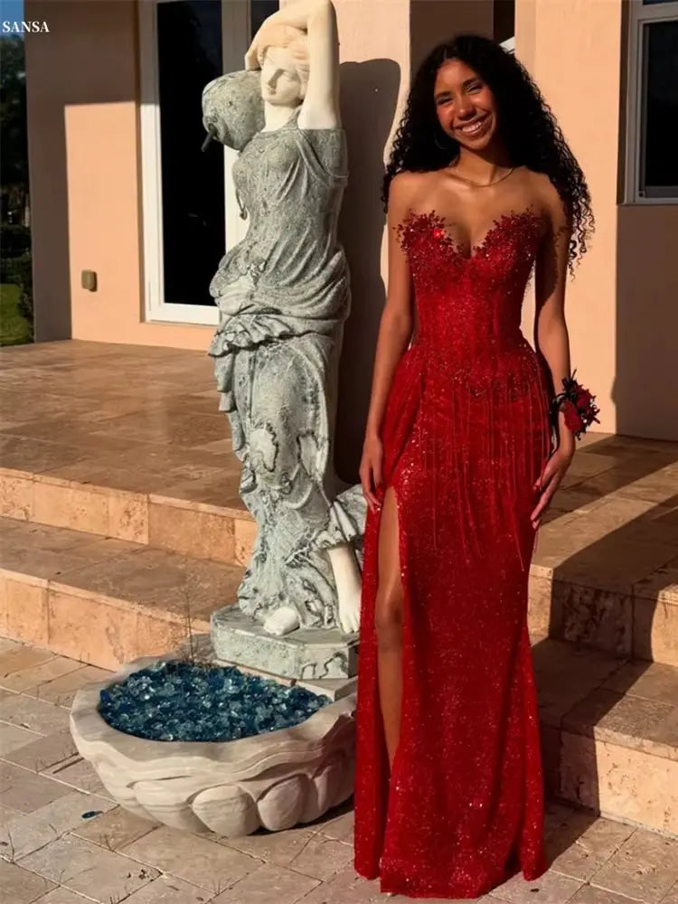 Customized Red Trumpet Corset Side High Split Prom Dress Pleats Sleeveless Vestidos De Noche Floor-Length Formal Evening