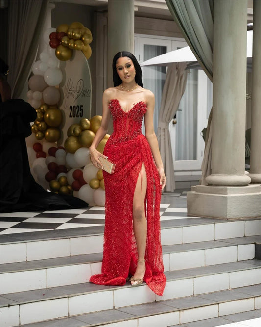 Customized Red Trumpet Corset Side High Split Prom Dress Pleats Sleeveless Vestidos De Noche Floor-Length Formal Evening