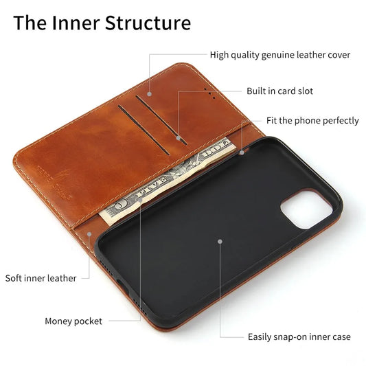 100% Genuine Leather Flip Cover Case for iPhone 17 14 15 Plus 11 12 13 16 Pro MaxTop Quality Fashion Brand With Card Slot