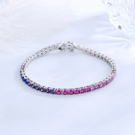 Bracelet de tennis en argent pur 14-21 cm, pavé 3 mm, zircons arc-en-ciel brillants, superbes bijoux en argent 925 véritable pour femmes