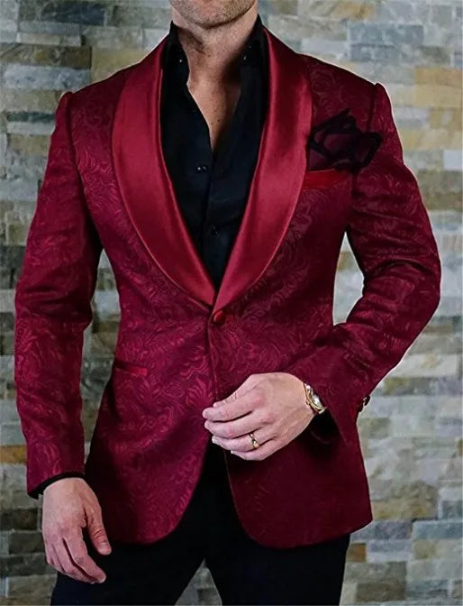 Groomsmen White Pattern Groom Tuxedos Shawl Satin Lapel Men Suits 2 Pieces Wedding Bridegroom ( Jacket + Pants + Tie ) D201