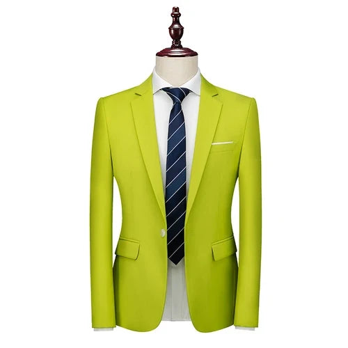 Bright Green Single Button Men's Blazer, Asian Size Slim Suit Jacket, Wedding Dress Coat, White and Black Tops.