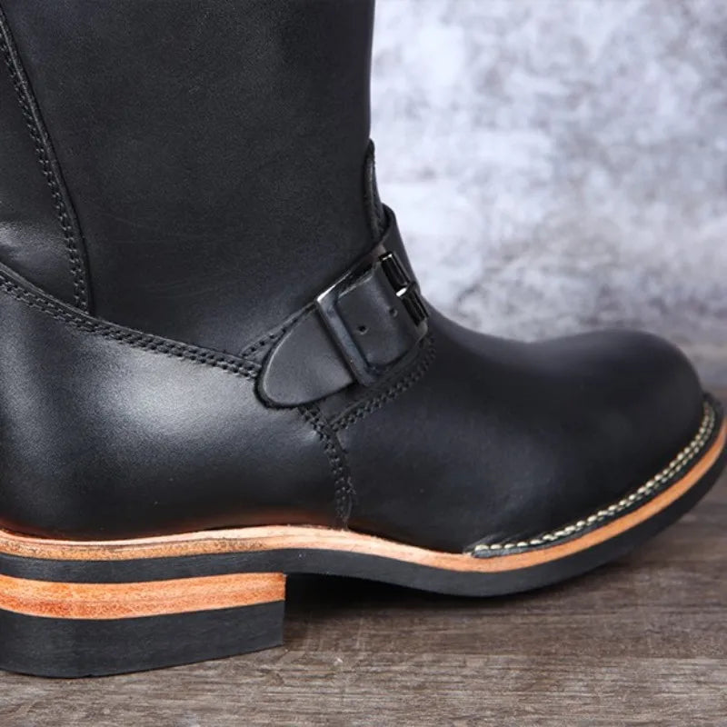 Luxury Men Work Genuine Leather High Top Boots Slip-On Biker Knight Boots Winter Mid-Calf Boots Zapatos De Hombre Work Shoes