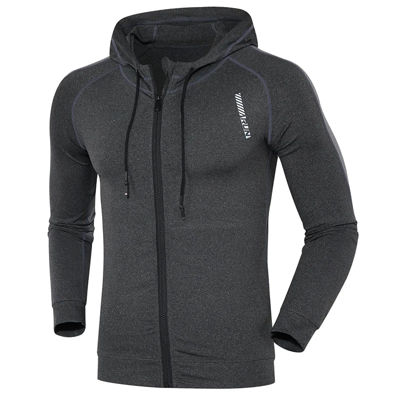 Men Running Sports Jackets Gym Training Zipper Slim Hiking Sweatshirts Comfortable Elastic Quick Dry Fitness Long Sleeve Hooded