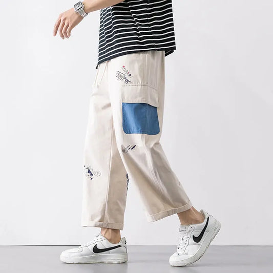 Beige White Harajuku Print Cargo Pants Men Baggy Streetwear Wide leg Oversize Sweatpants Male Y2k Sport Straight Trousers Cotton