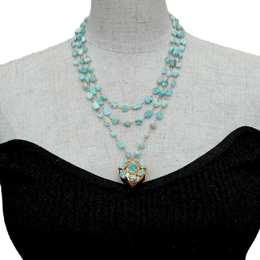 YYGEM 3 Strands Natural Blue Larimar Rosary Chain Necklace Heart-Shaped Larimar Pendant Statement Necklace for Women 18''