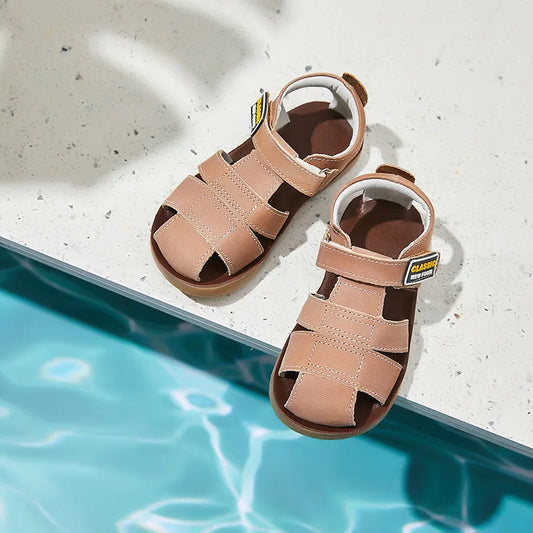 Children frosted genuine leather beach sandals boys barefoot non-slip sandals with cowhide lining baby soft Navy blue sandals