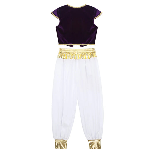 Boys Mythical Prince Arabian Carnival Cosplay Outfit Halloween Party Arabian Prince Role Play Waistcoat Vest Top+Belted Pants