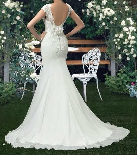 Vestido Novia Mermaid Scoop Wedding Dresses X04 Court Train Short Sleeve Customized Cheap Brides Dress Long Chiffon Bridal Gown