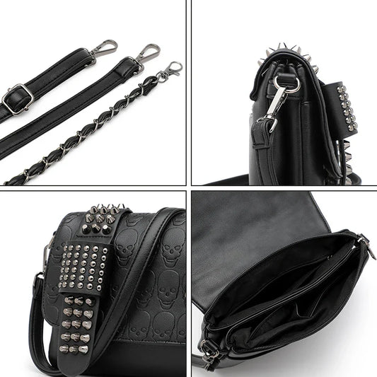 Women Black Leather Messenger Bags Single Skull Rivet Shoulder Bags Sac A Main Bolsa Black Vintage Sexy Bag Lady Drop