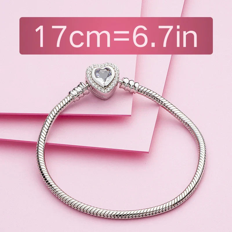 Authentic 100% 925 Sterling Silver Snake Chain Bangle & Bracelet with CZ Love Heart Clasp Charms Bracelets for Women