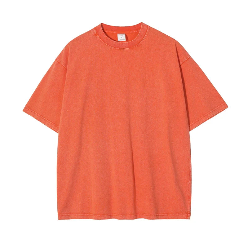 2025 High Street Summer Washed Cotton T-Shirt Tees For Men Unisex Loose Retro Solid T Shirts Brand Tops HY0113