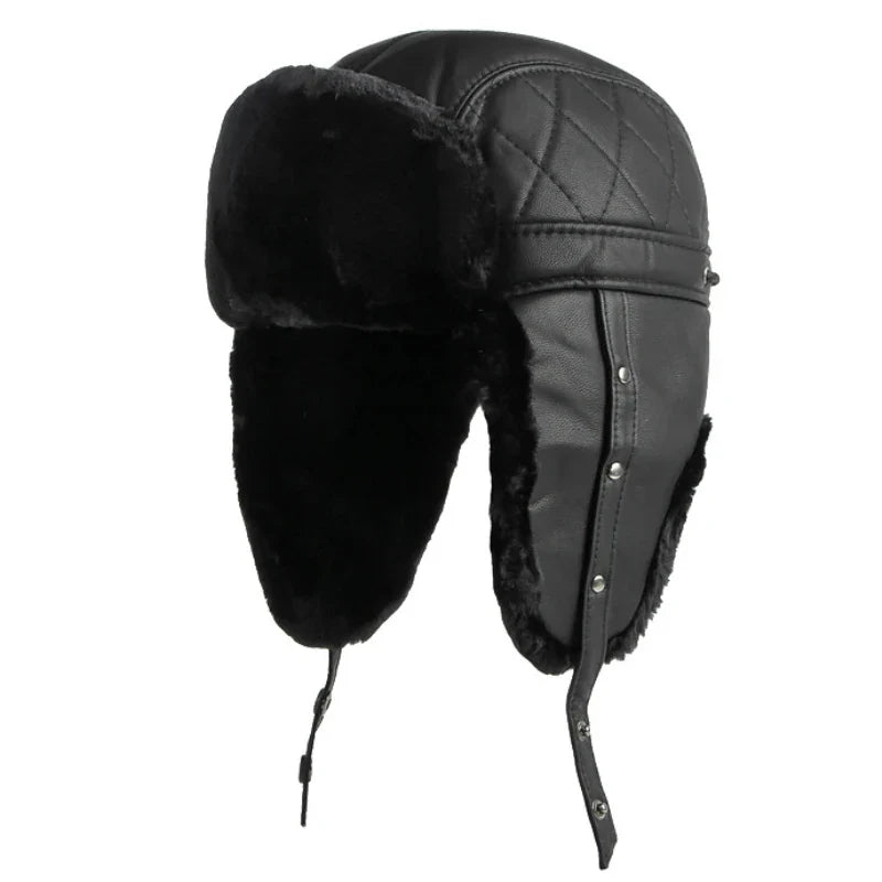 New PU Leather Russian Hat Thick Warm Men Windproof Winter Hat Male Waterproof Ski Trapper Earflap Russian Cap Bomber Hat