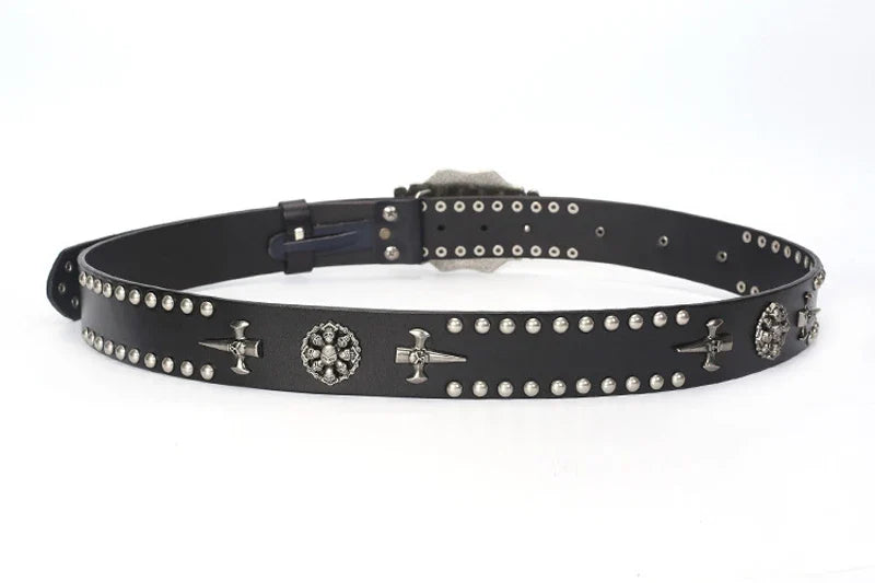 3.8CM Real Genuine Leather Vintage Metal Skull Punk Men Jeans Belt Stud Cowboy Strap Cinturon Ceinture Homme Riem Belts