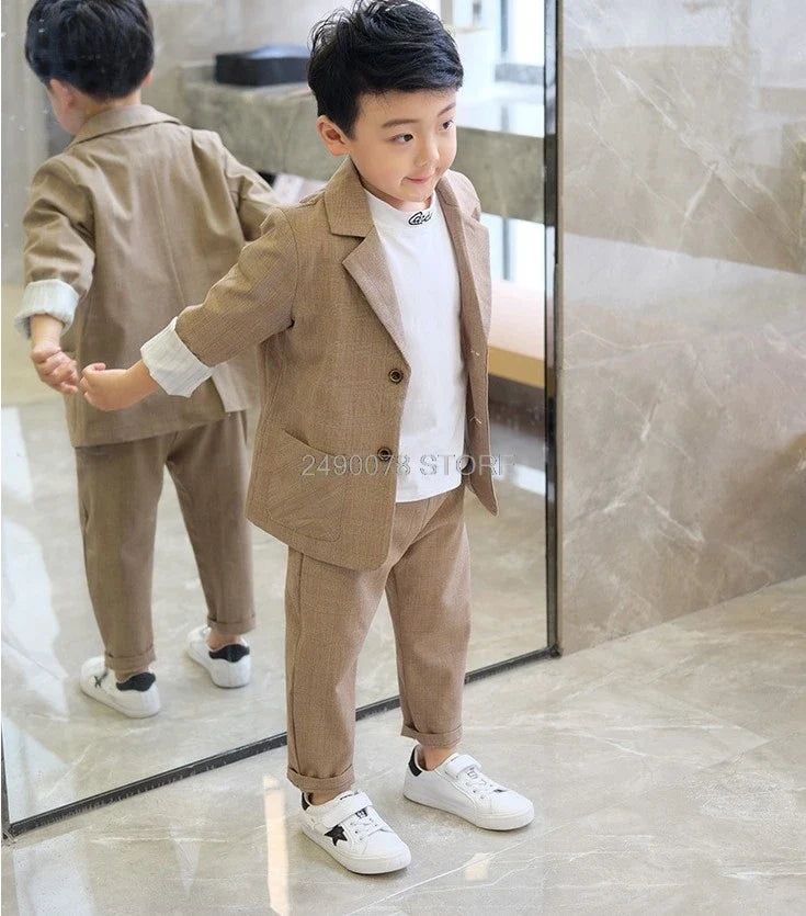2020 Kids Wedding Jacket +Pants 2Pcs Stage Performance Suit Flower Boys Formal Tuxedos School Girls Host Dance Suit Clothing Set
