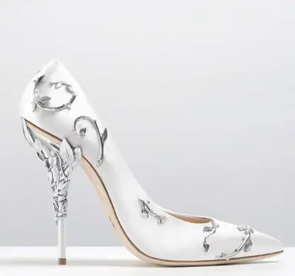 Elegant Silk Women Pumps 10CM High Heels Metal Flower Dec Wedding Shoes Pointed Toe High Heel Shoes Ladies Party Pumps Black