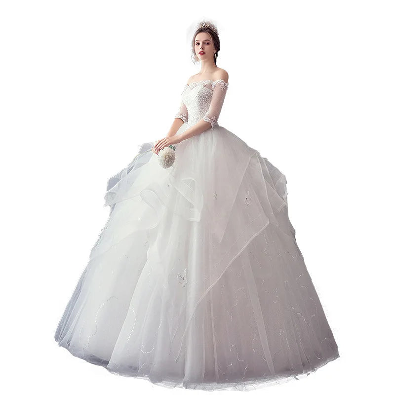 2021 New Gryffon Half Sleeve Boat Neck Wedding Ball Gown Luxury Lace Sequins Wedding Dresse Robe De Mariee