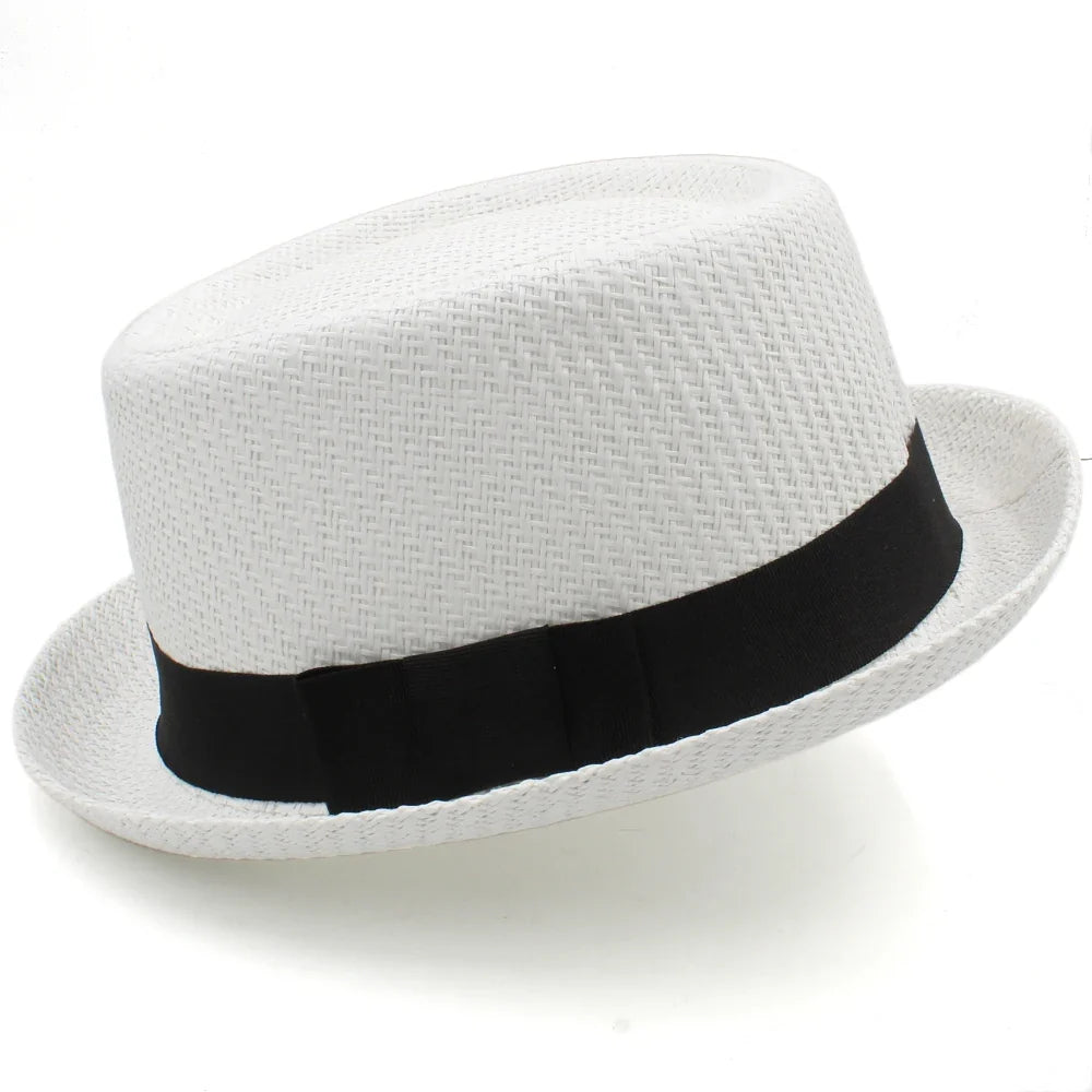Men Women Classical Straw Pork Pie Hats Fedora Sunhats Trilby Caps Summer Boater Beach Outdoor Travel Party Size US 7 1/4 UK L
