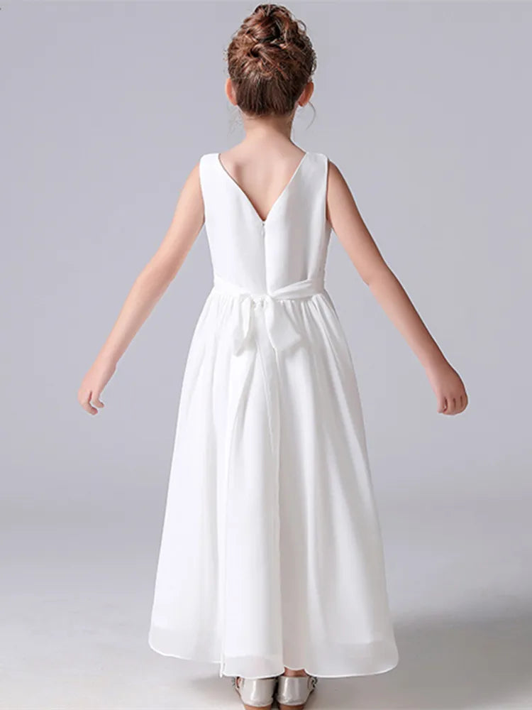 V Neck Sleeveless Girl Long Chiffon Maxi Dress Back Bow Kids Formal Gown Wedding Flower Girl Piano Recital Evening Party Costume