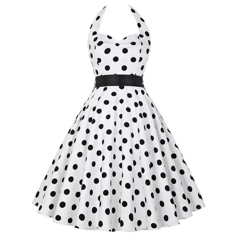 Sexy Retro White Polka Dot Dress Hepburn Vintage Halter Party Dress 50s 60s Pin Up Rockabilly Robe