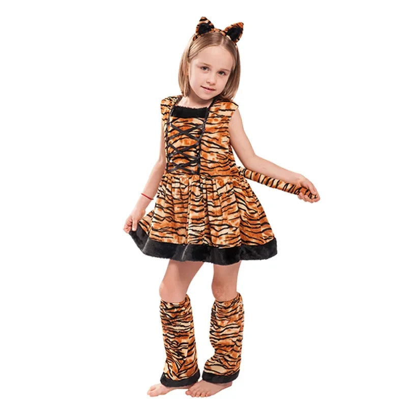 Cute Cartoon Animal Cosplay Girls Tiger Leopard Dress Halloween costume for Girl Christmas Carnival Outfit Headband