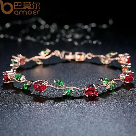 Bracelet chaîne et maillons feuille couleur or rose avec zircon AAA rouge + vert pour cadeaux fête des mères bijoux JIB072