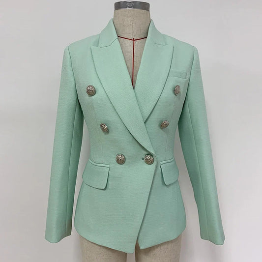 HIGH STREET 2026 Classic Baroque Designer Jacket Women's Metal Lion Buttons Double Breasted Textured Blazer Mint Green