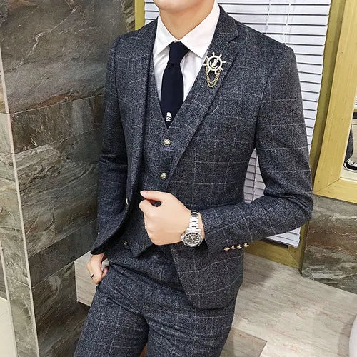 ( Jacket + Vest + Pants ) Men's England Plaid Casual Suit Mens Classic Single Button Official Suit Groom Wedding Dress Suit