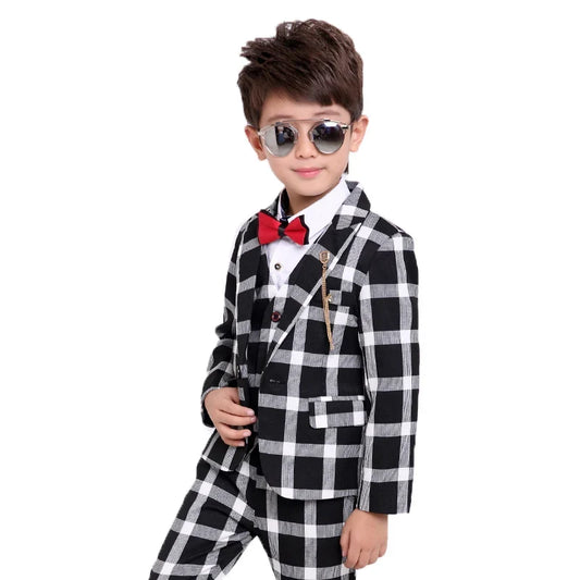 Flower Boys Formal School Suits for Weddings Boys Brand Plaid Blazer Vest Pants 3pcs Tuxedo Kids Prom Party Dress Clothing Sets