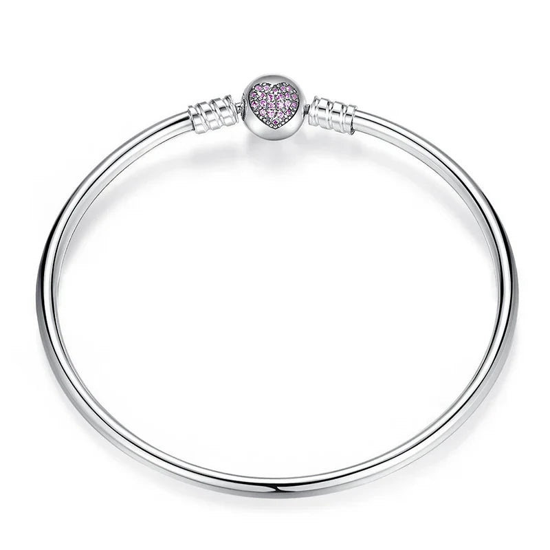 925 Sterling Silver Pink Heart Bangle & Bracelet Pave Setting CZ Snake Chain for Women Pendant Charm Bead DIY Jewelry