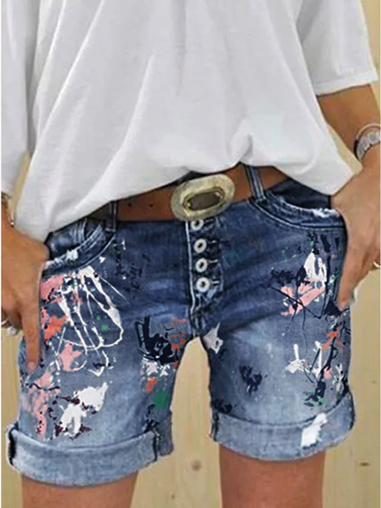 2025 Female Casual Bottoms Harajuku Vintage Streetwear Summer New Buttons Women Denim Shorts Washed Flower Print Jeans