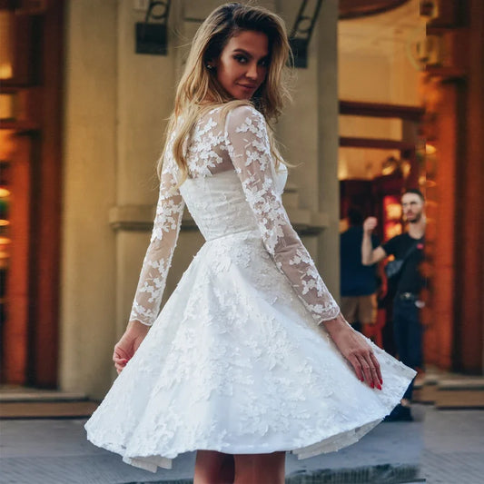 Short Wedding Dresses Customized Long Sleeves Flower Applique Zip Up A-line Lace Bridal Gown Robe De Mariage