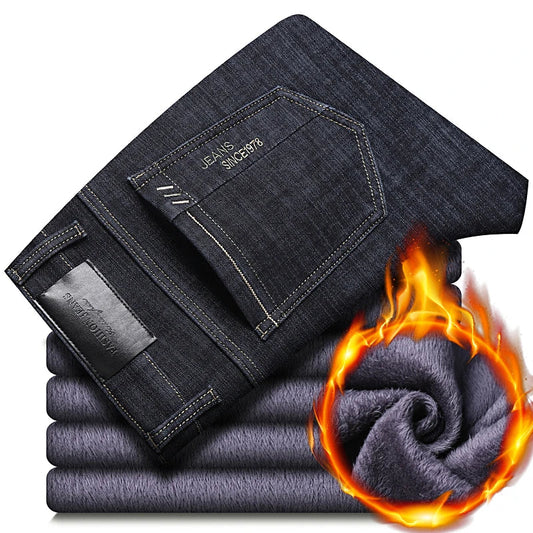 2024 New Jeans Brand Autumn Winter Jeans Warm Flocking Warm Soft Men Activities Warm Fleece Men Jeans Black Blue Colors