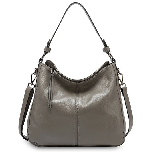 100% Genuine Leather Elegant Women Shoulder Bag Classic Black Hobos Roomy Casual Tote Handbag Crossbody Messenger Grey