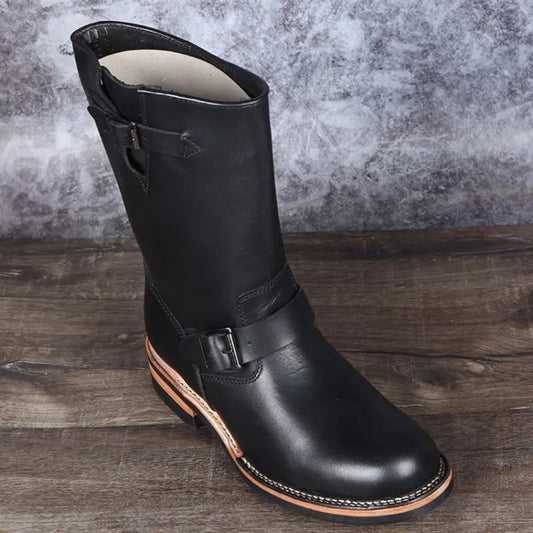 Luxury Men Work Genuine Leather High Top Boots Slip-On Biker Knight Boots Winter Mid-Calf Boots Zapatos De Hombre Work Shoes