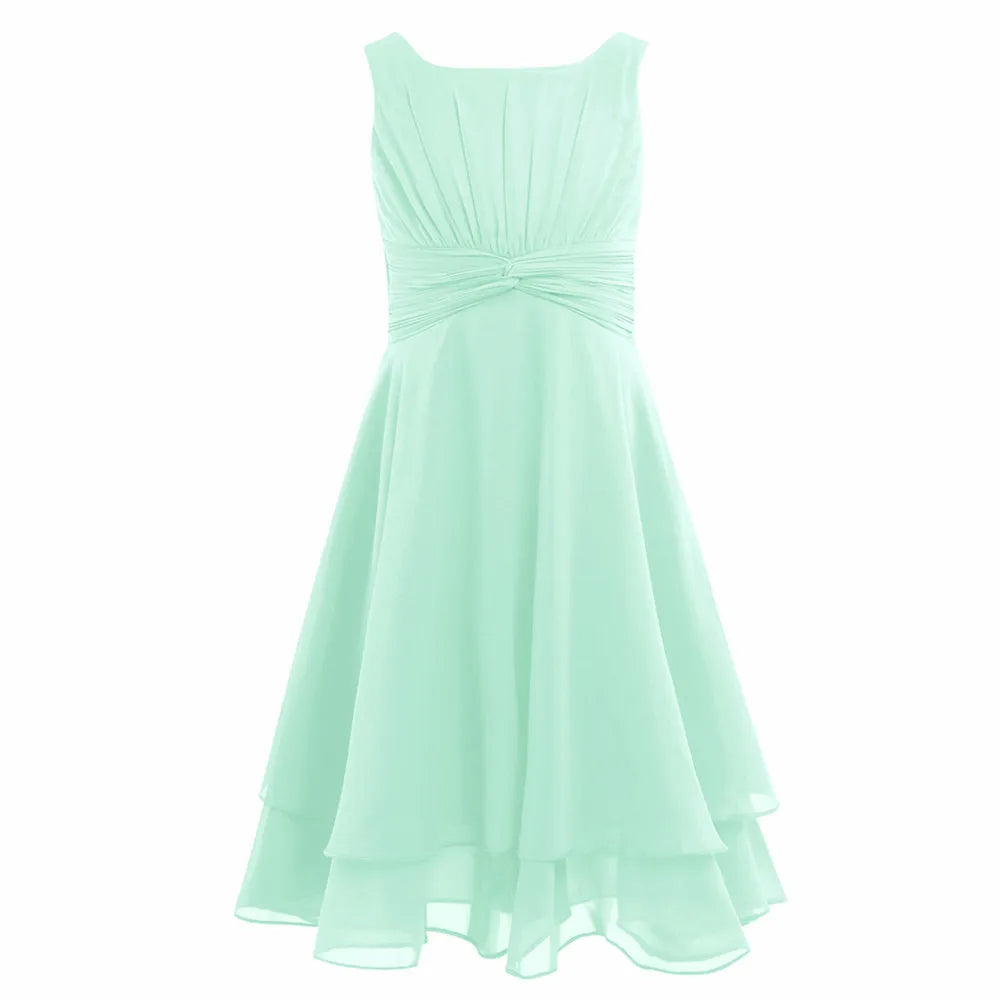 Summer Fashion Flower Girls Dress Wedding Birthday Party Kids Chiffon Dress Sleeveless Ruched Bodice Elegant Princess Dress