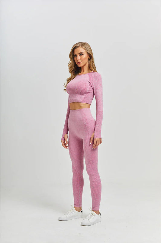 Women Seamless Yoga Set Fitness Sports Suits Gym Clothing Long Sleeve Crop Top Shirts High Waist Running Leggings Workout Pants