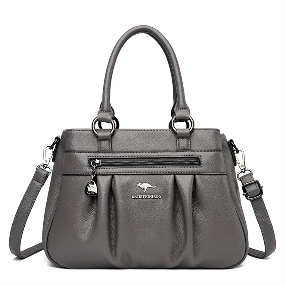 High Quality Leather Handbags Purse Luxury 3 Layers Women Shoulder Croosbody Tote Large Capacity Top-handle Female Ruched Sac