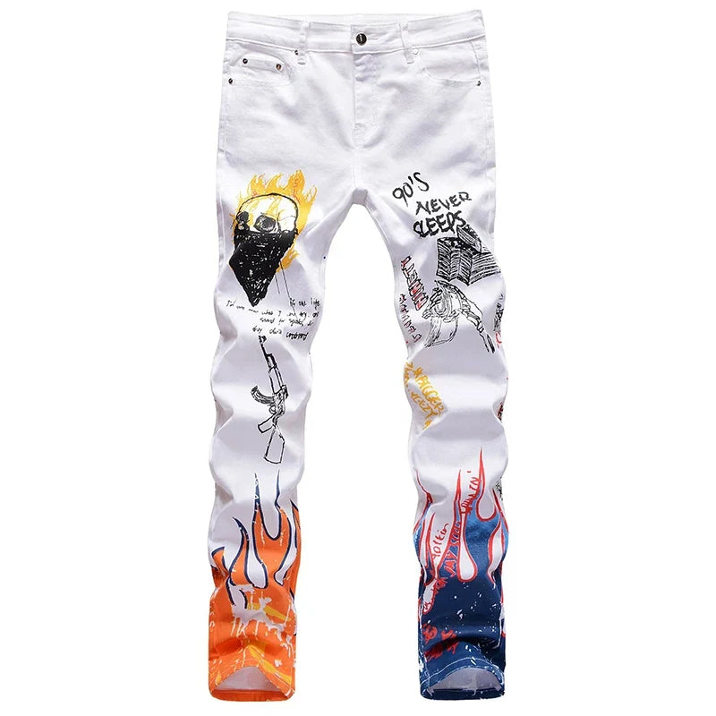 Men's Fashion Letters Flame Black Printed Jeans Slim Straight Colored Painted Stretch Pants