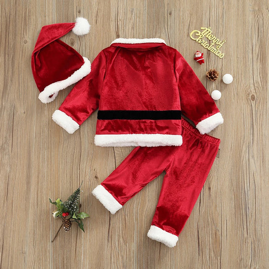 0-4Years Infant Baby Kids Santa Claus Costumes Fall Winter Christmas Suits Boy Girl Long Sleeve Tops+Trousers+Hat Velvet Outfits