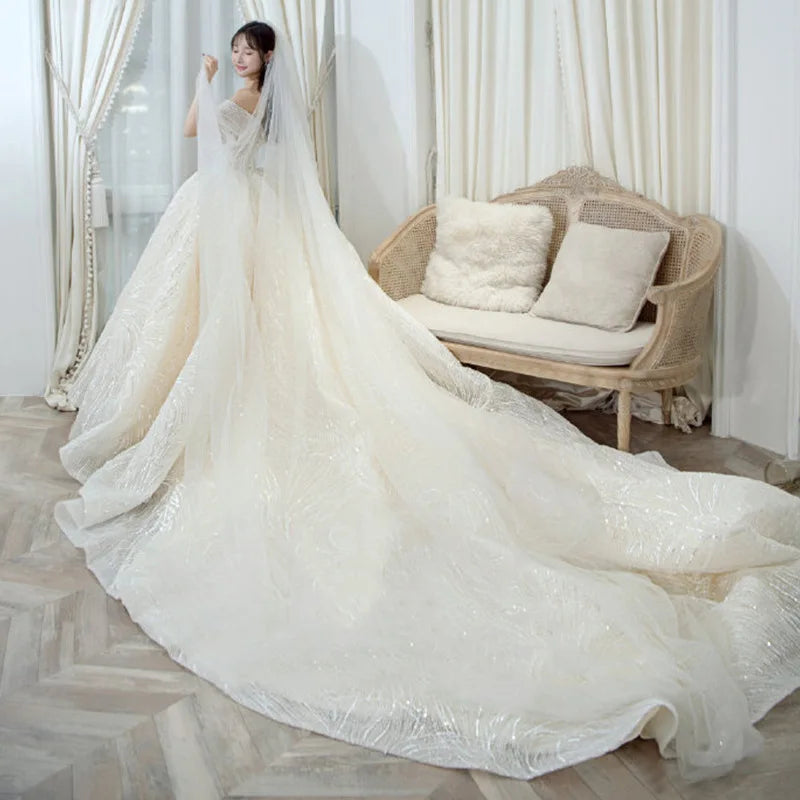 Cheap Wedding Dress Shiny Wedding Dress Classic Boat Neck Bridal Party Gown Vestido De Noiva Robe De Mariee Customized