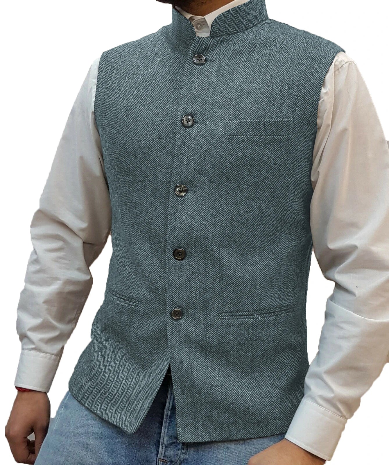 Men's Suit Vest Elegant Sleeveless Stand Collar Business Button Slim Fit Herringbone Waistcoat For Wedding