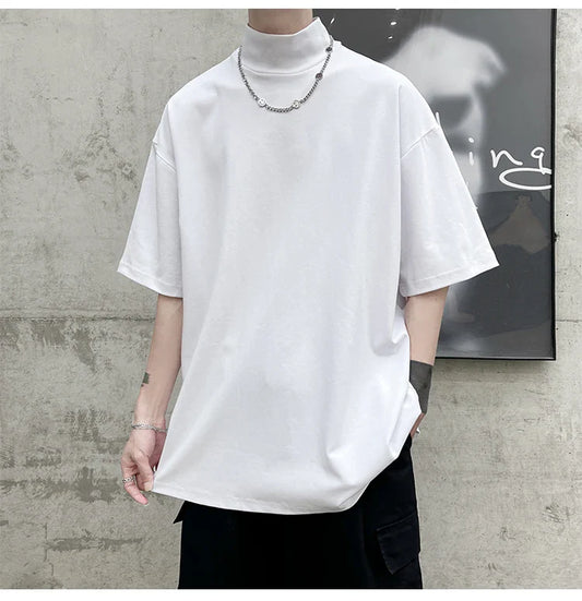 Streetwear Turtleneck Men Tshirt Solid Hip Hop Male Oversized T Shirts Man Casual Short Sleeve Top Tees Black/White/Purple
