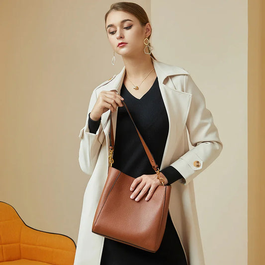 New Genuine Leather Casual Shopper Shoulder Bag Commuter Large Bucket Handbag Simple High Quality Women Tote Underarm Bags