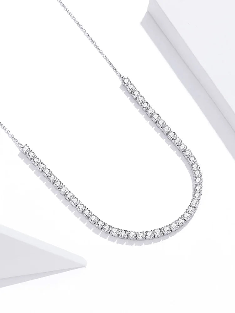 925 Sterling Silver Women's Magnificent Round Cubic Zirconia Tennis Choker Glittering Clavicle Chain Necklace